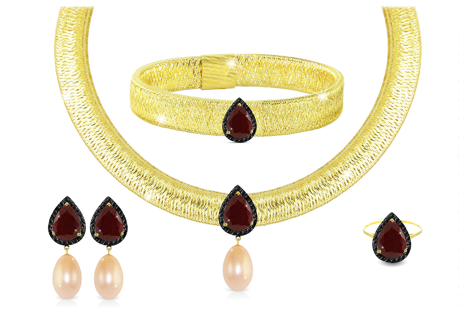 Vera Perla 18K Gold 0.60ct Black Diamonds, Ruby and 13mm Pink Pearl Jewelry Set - 4 pcs.